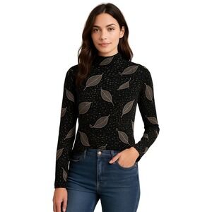 Frazier Lawrence Leaf Print Mock Neck Top Black Beige Vintage Abstract USA Sz L